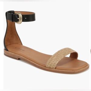 Vince Martina Ankle Strap Flat Sandal Raffia Black Leather Size 8M